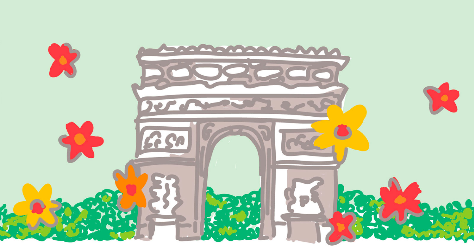 Geïllustreerde Champs-Élysées omgeven door bloemen en groen