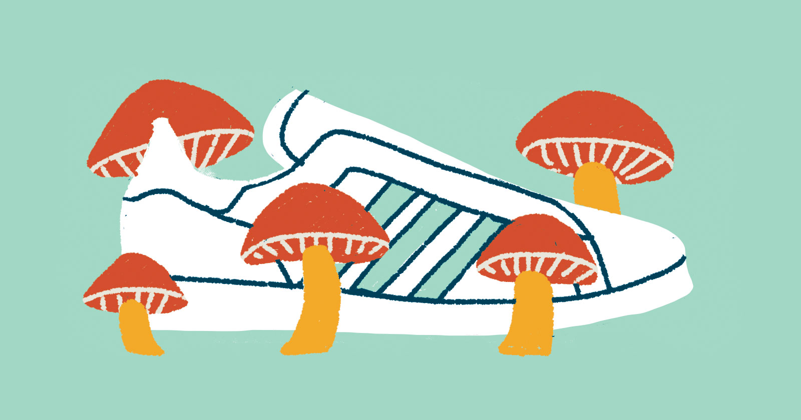 Geïllustreerde Adidas Schoen Omringd door Paddenstoelen