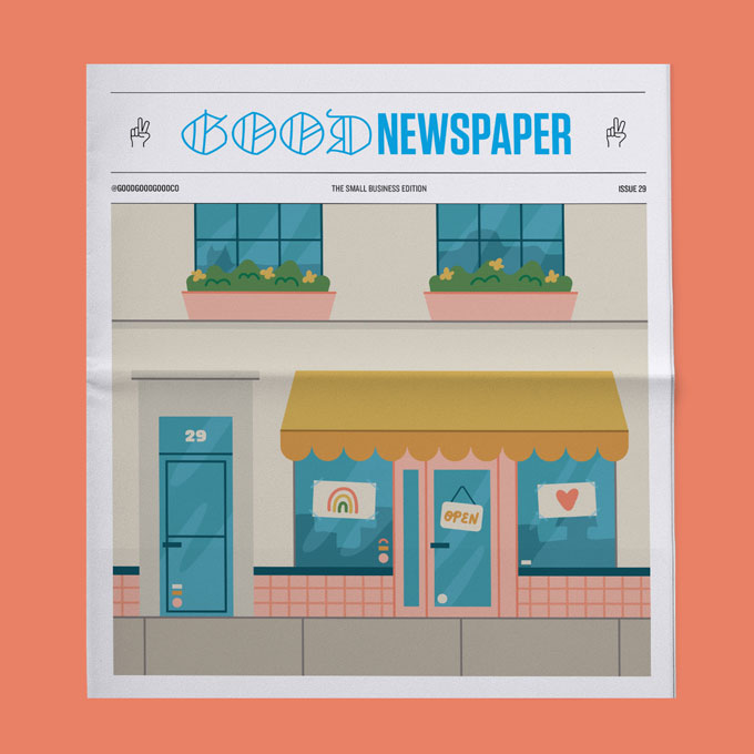 De Small Business Edition van de Goodnewspaper, met een illustratie van een gastvrije winkelpui in een straat in de stad