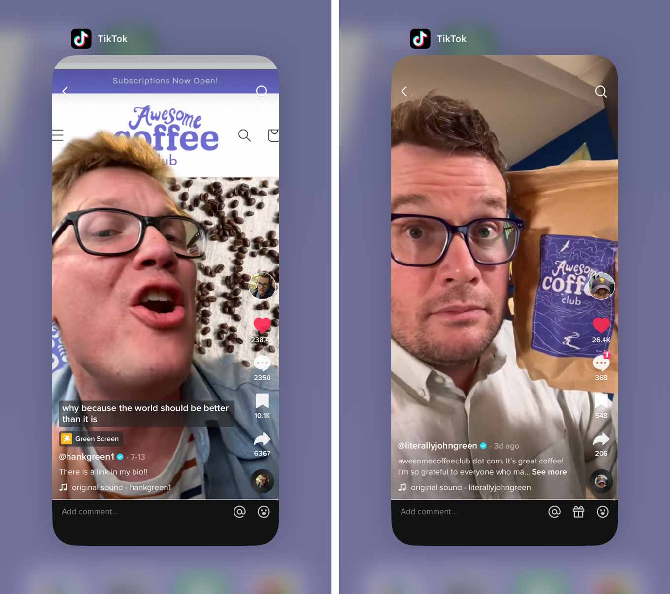 Twee screenshots, van Hank Green en John Green, die de Awesome Coffee Club op TikTok promoten