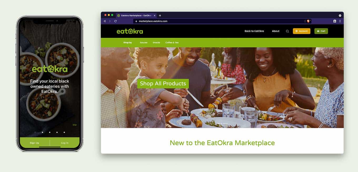 EatOkra App en Website Marketplace, met de tekst: Vind uw lokale zwarte eetgelegenheden met EatOkra