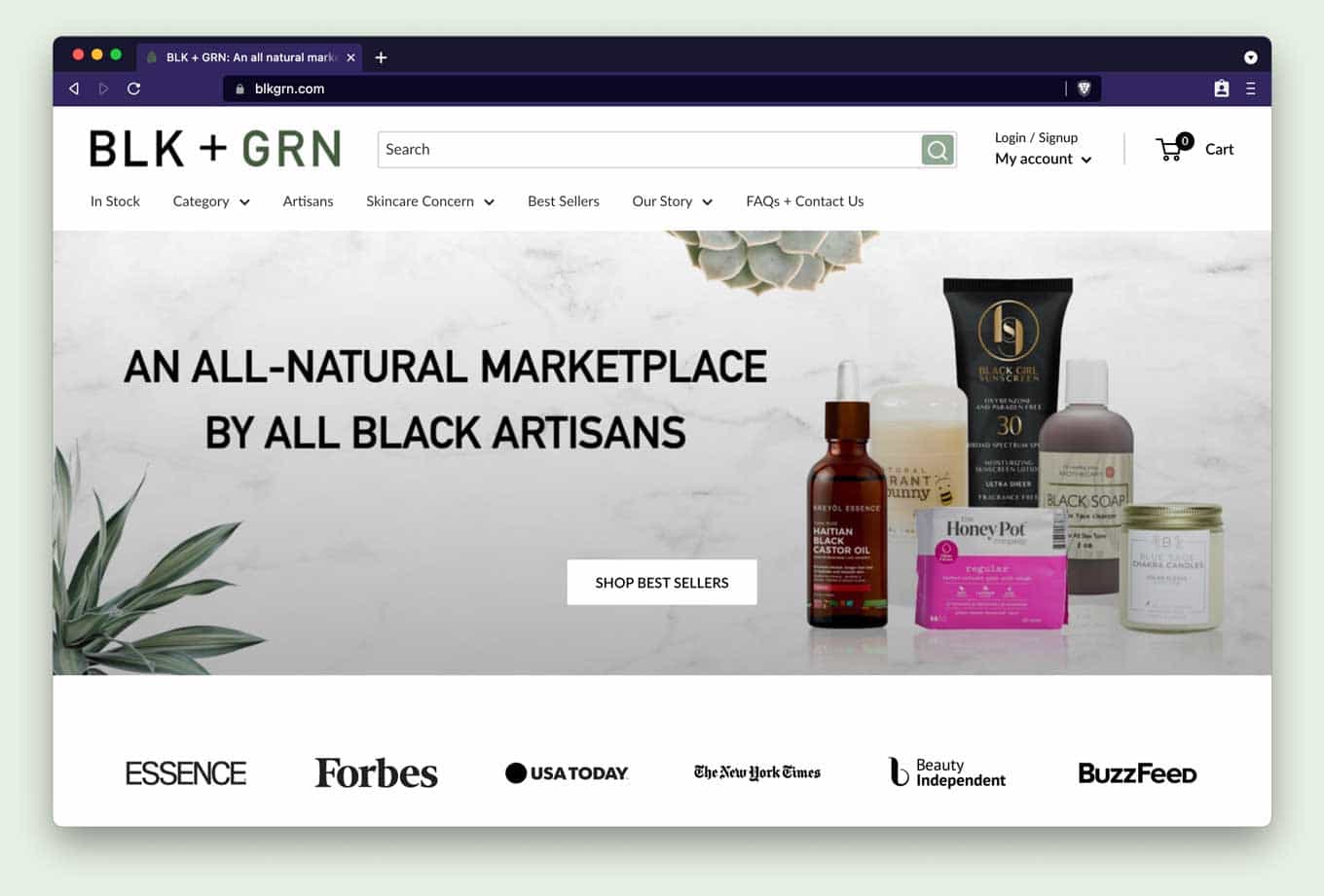 Black + Green website, met de tekst: Een volledig natuurlijke marktplaats door alle zwarte ambachtslieden" en de logo's voor Essence, Forbes, USA Today, The New York Times, Beauty Independent en Buzzfeed