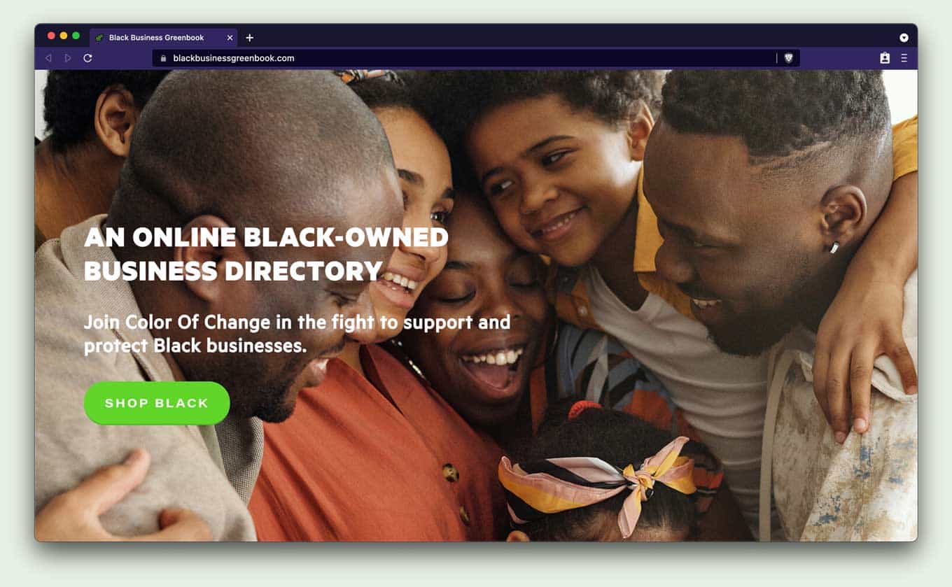Black Business Green Book Database Directory Website, met de tekst: An online Black-owned business directory, Join Color of Change in the fight to support and protect Black businesses