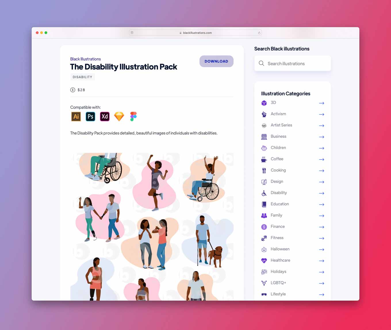 Screenshot van black illustrations website: The Disability Illustrations pack, met stockafbeeldingen van mensen met een handicap die vreugdevol hun leven leiden