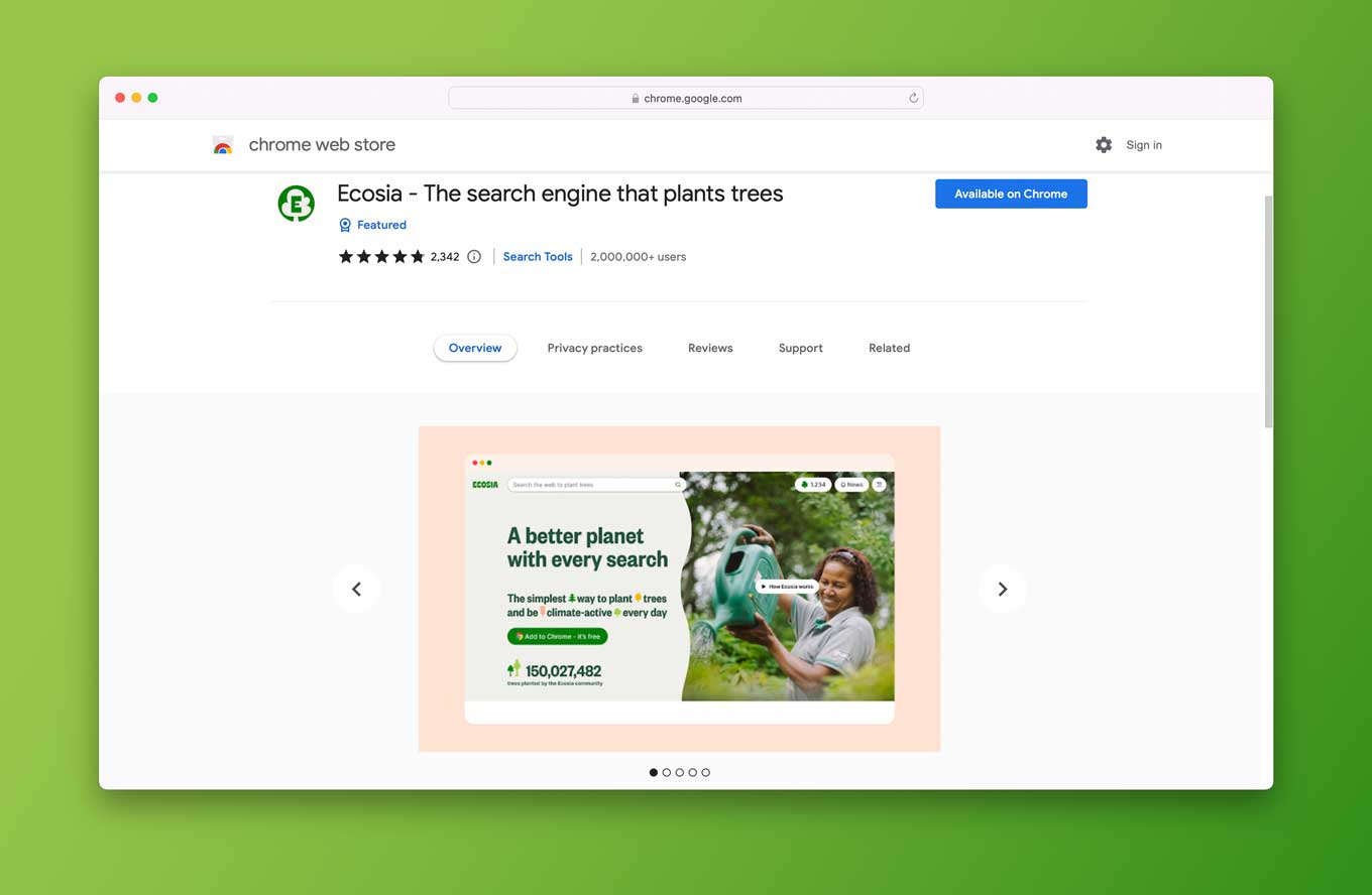 Ecosia Browser Extension voor Google Chrome, met de tekst "De zoekmachine die bomen plant"