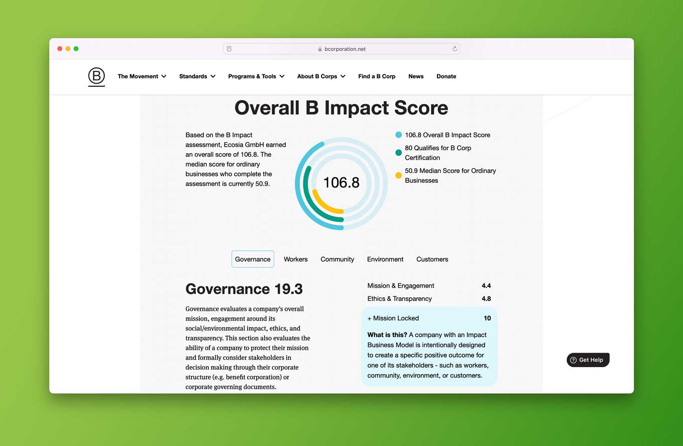 Screenshot met het B Corp-profiel van Ecosia op de B Labs-website.