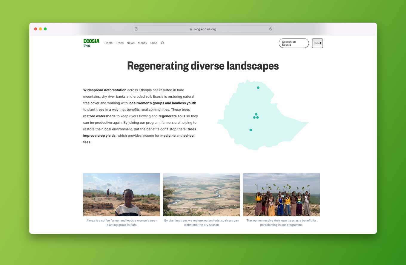 Screenshot van een Ecosia-pagina met de tekst "Diverse landschappen regenereren"