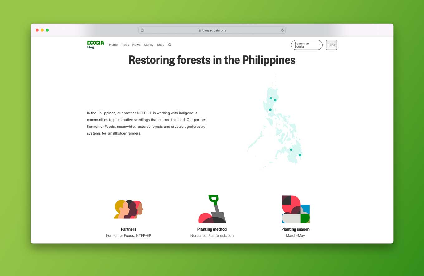 Schermafbeelding van een webpagina met de tekst "Herstel van bossen in de Filipijnen" en bevat een kaart van de boomaanplantingen in het land