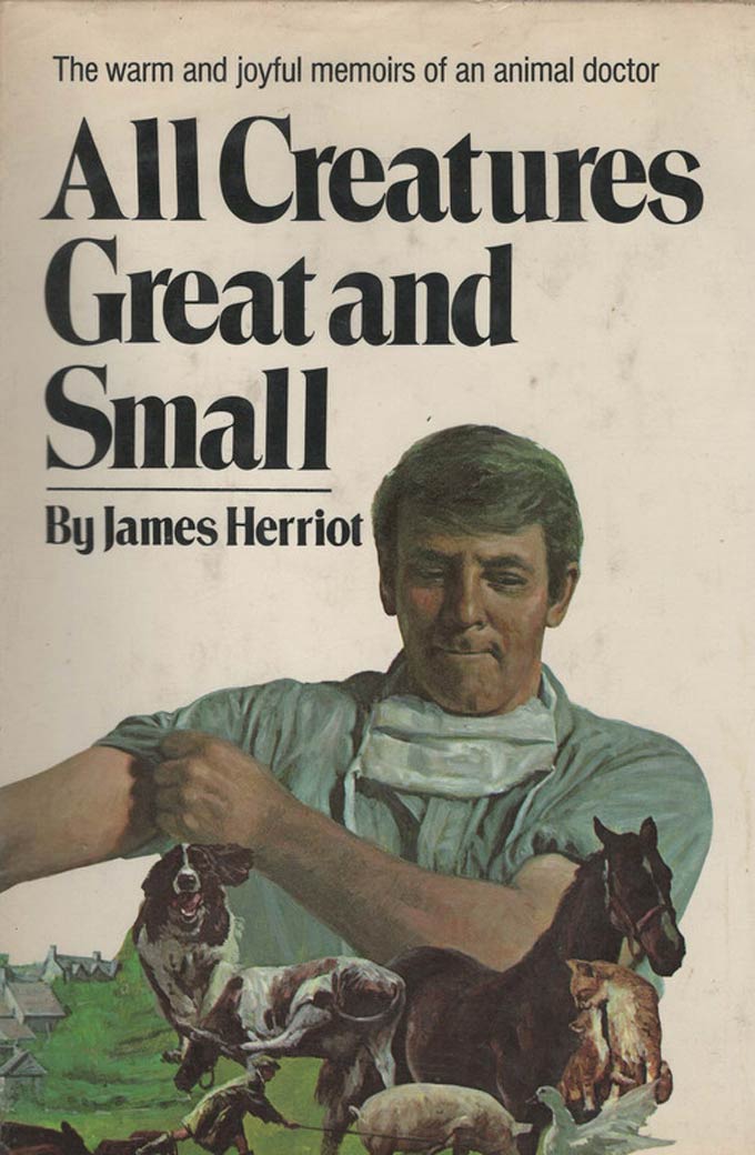 Boekomslag voor boek van James Herriot. Tekst luidt: De warme en vreugdevolle memoires van een dierenarts - Alle wezens groot en klein