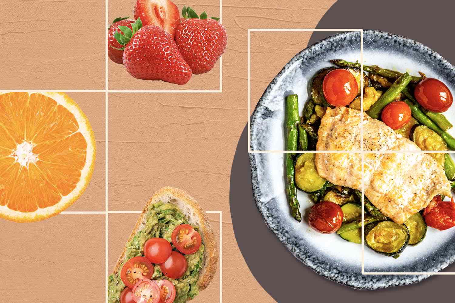 1700 calorieën dieet maaltijdplan met zalm, aardbeien, sinaasappel en avocado toast