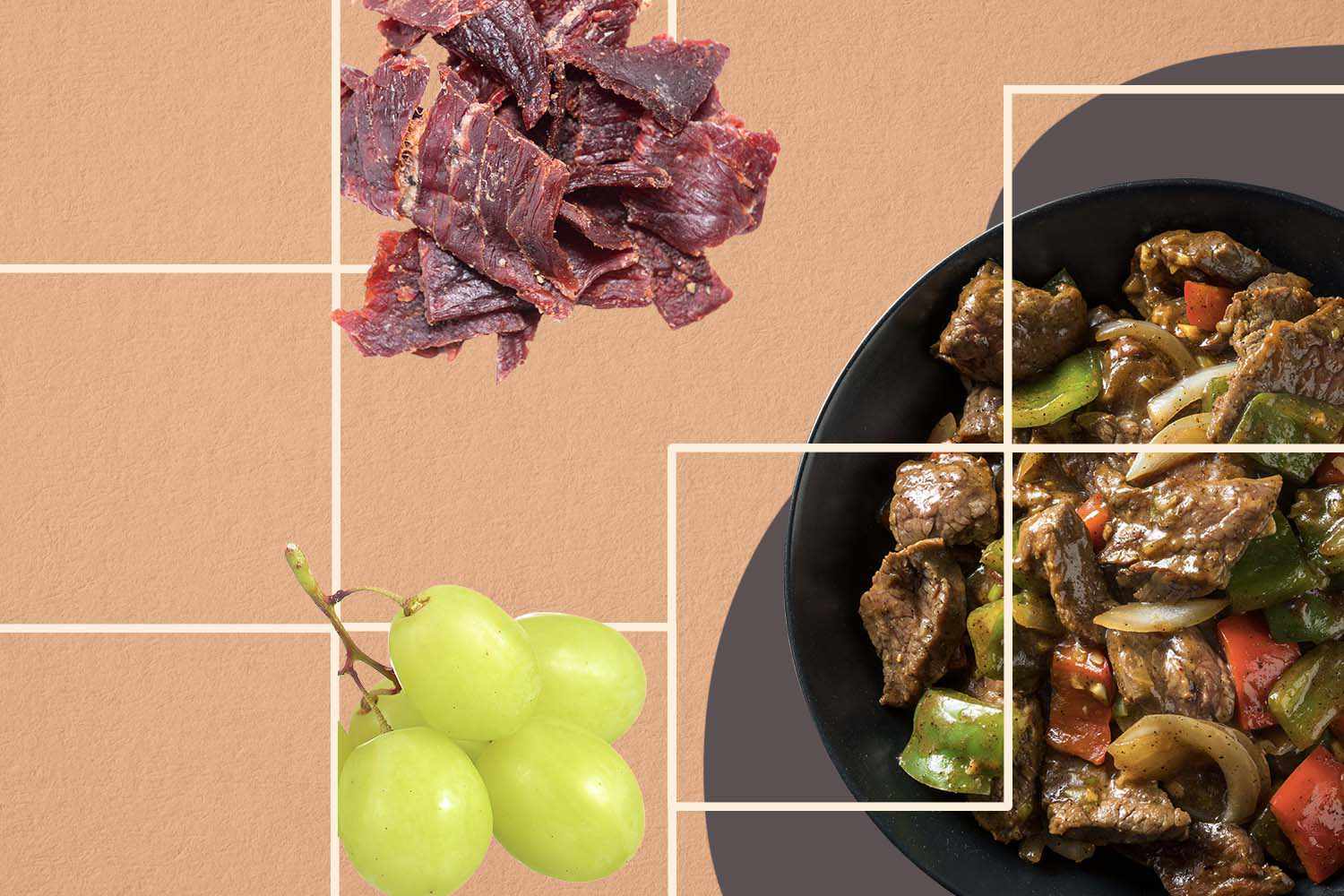 Paleo Meal Plan met druiven, steak roerbakgerechten en beef jerky