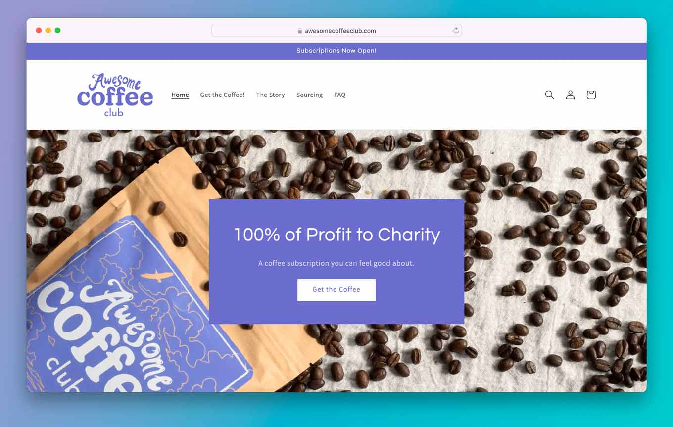 Awesome Coffee Club website homepage met de woorden "100% van de winst naar het goede doel"