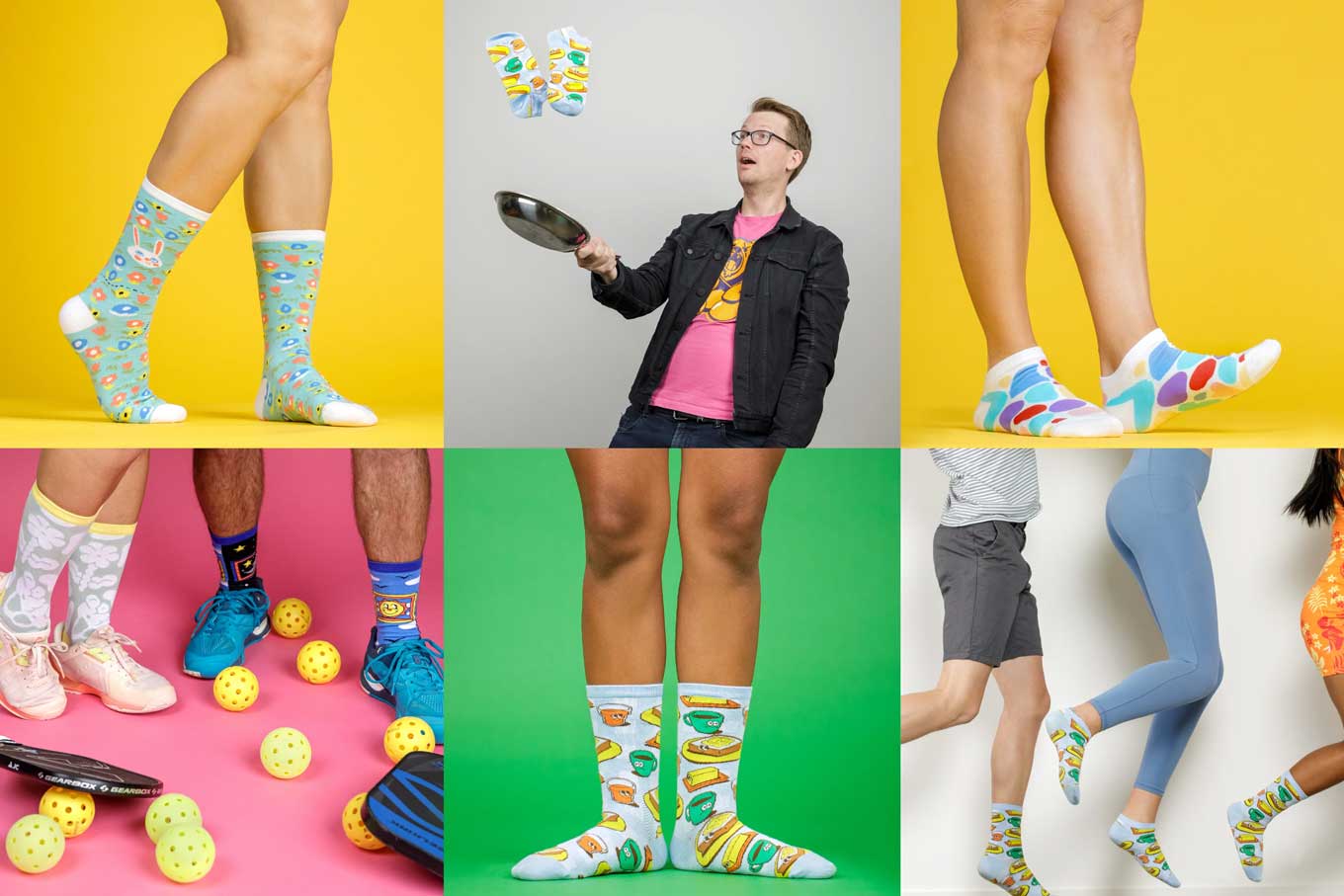 Een raster van zes foto's met Hank Green en verschillende variaties van sokken van Awesome Socks Club