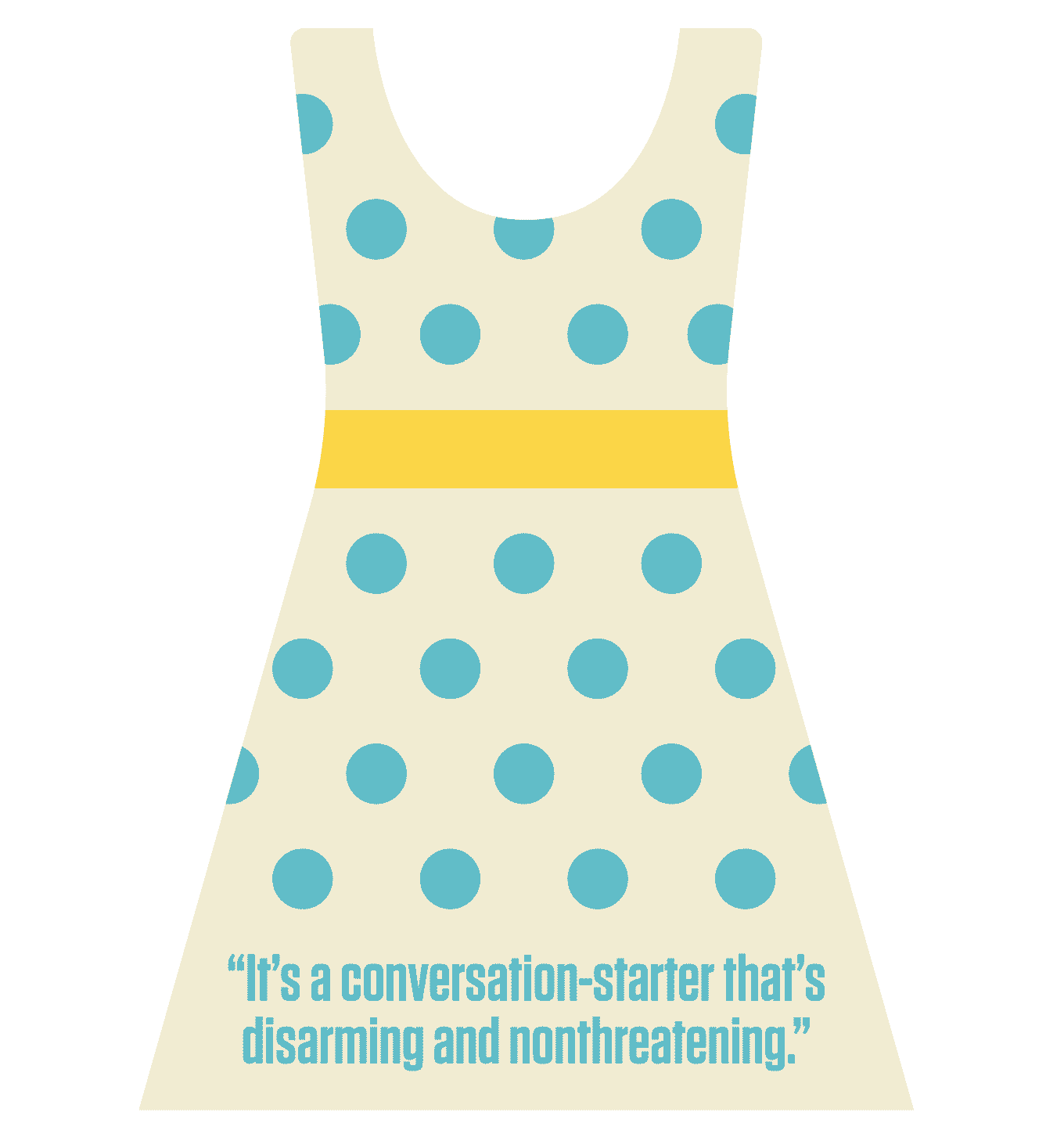 Een jurk met het citaat: Het is een gespreksstarter die ontwapenend en onbedreigd is.