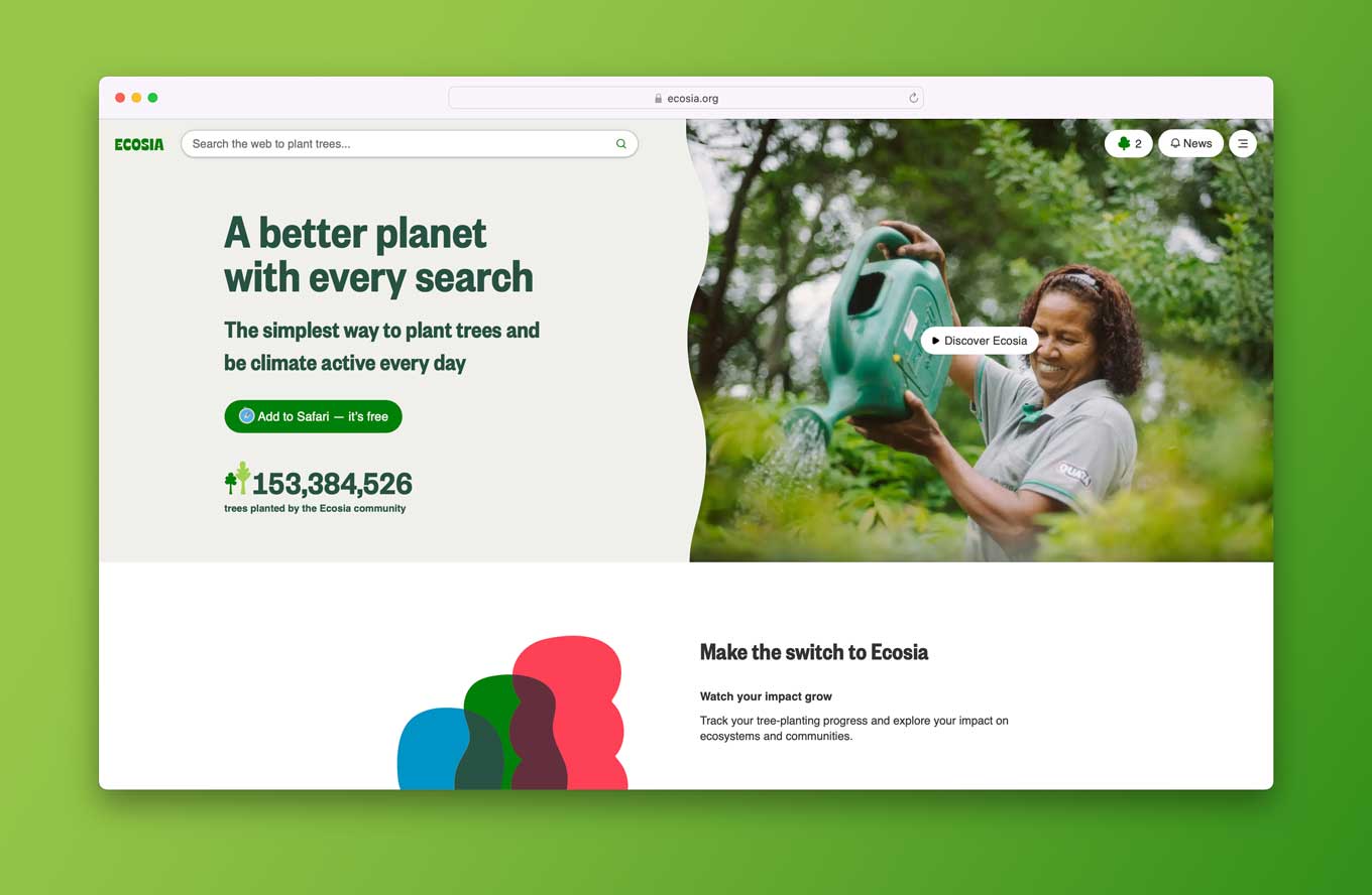 Ecosia's homepage, met de woorden "Een betere planeet met elke zoekopdracht"