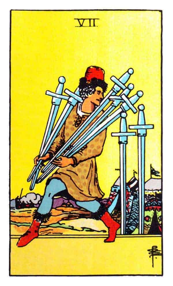 zeven van zwaarden tarotkaart