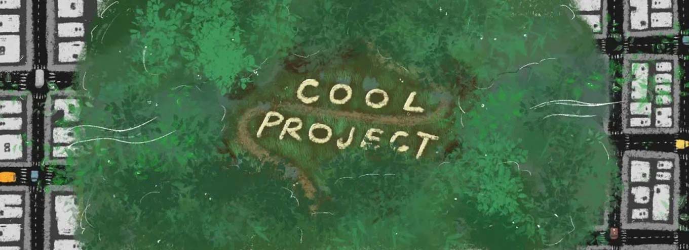 Een tekening van gras en het logo van "Cool Project" 