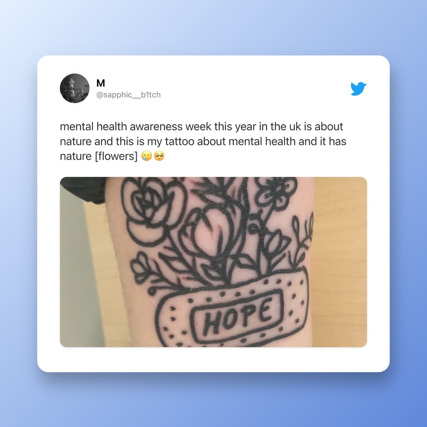mental health awareness week dit jaar in nederland gaat over de natuur en dit is mijn tattoo over geestelijke gezondheid en het heeft de natuur [flowers] 🥲🥺