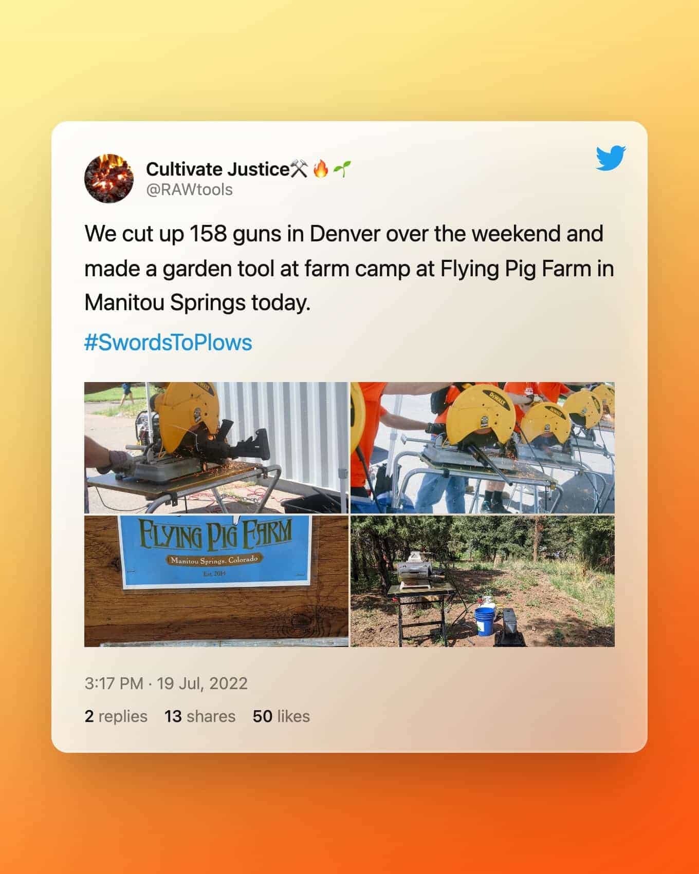 @RAWtools op Twitter: We hebben in het weekend 158 geweren in Denver gesneden en vandaag een tuingereedschap gemaakt op boerderijkamp bij Flying Pig Farm in Manitou Springs. #SwordsToPlows