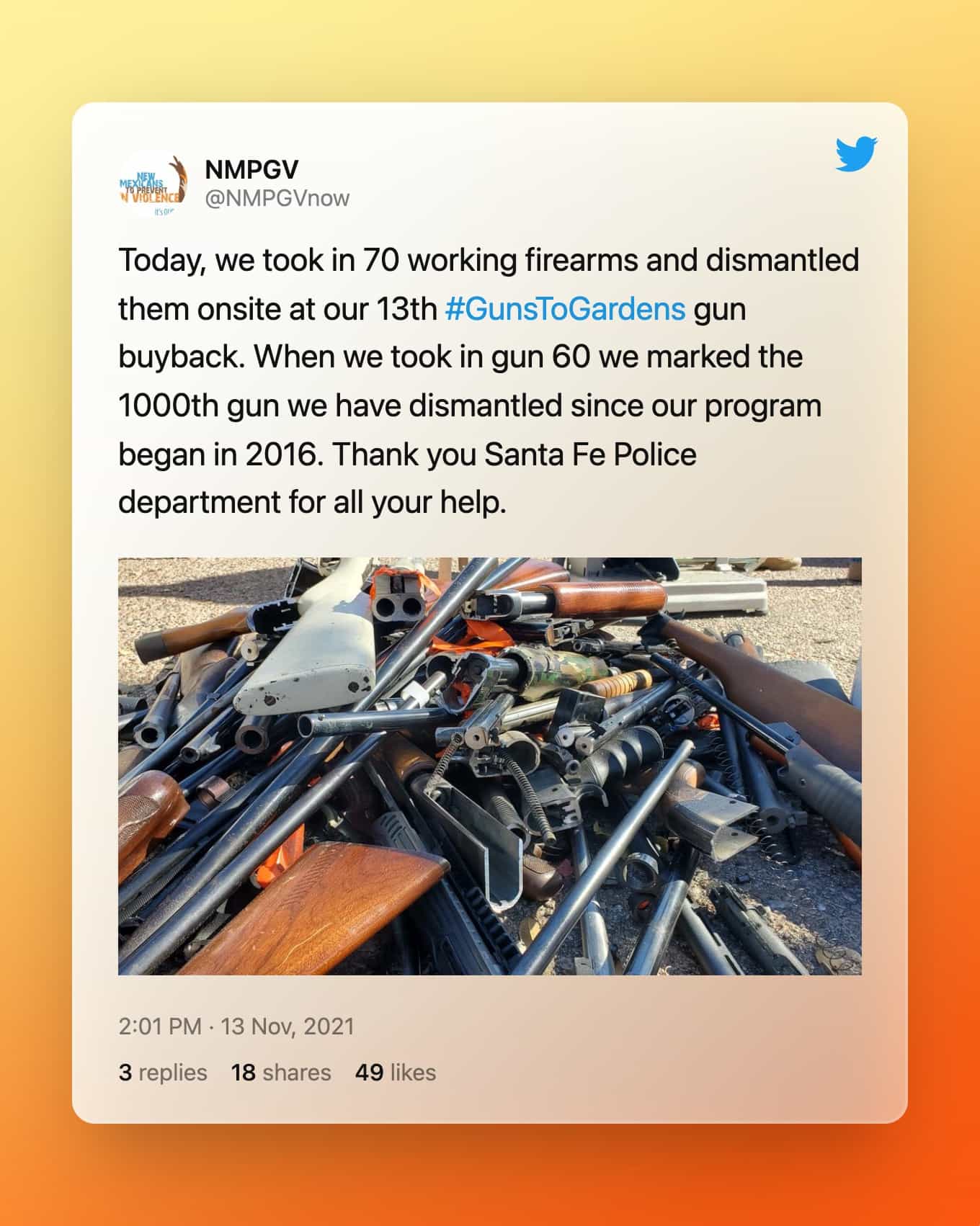 @NMPGVnow op Twitter: Vandaag hebben we 70 werkende vuurwapens opgenomen en ter plaatse ontmanteld bij onze 13e #GunsToGardens terugkoop van wapens. Toen we pistool 60 innamen, markeerden we het 1000e kanon dat we hebben ontmanteld sinds ons programma in 2016 begon. Bedankt Santa Fe Police afdeling voor al uw hulp.