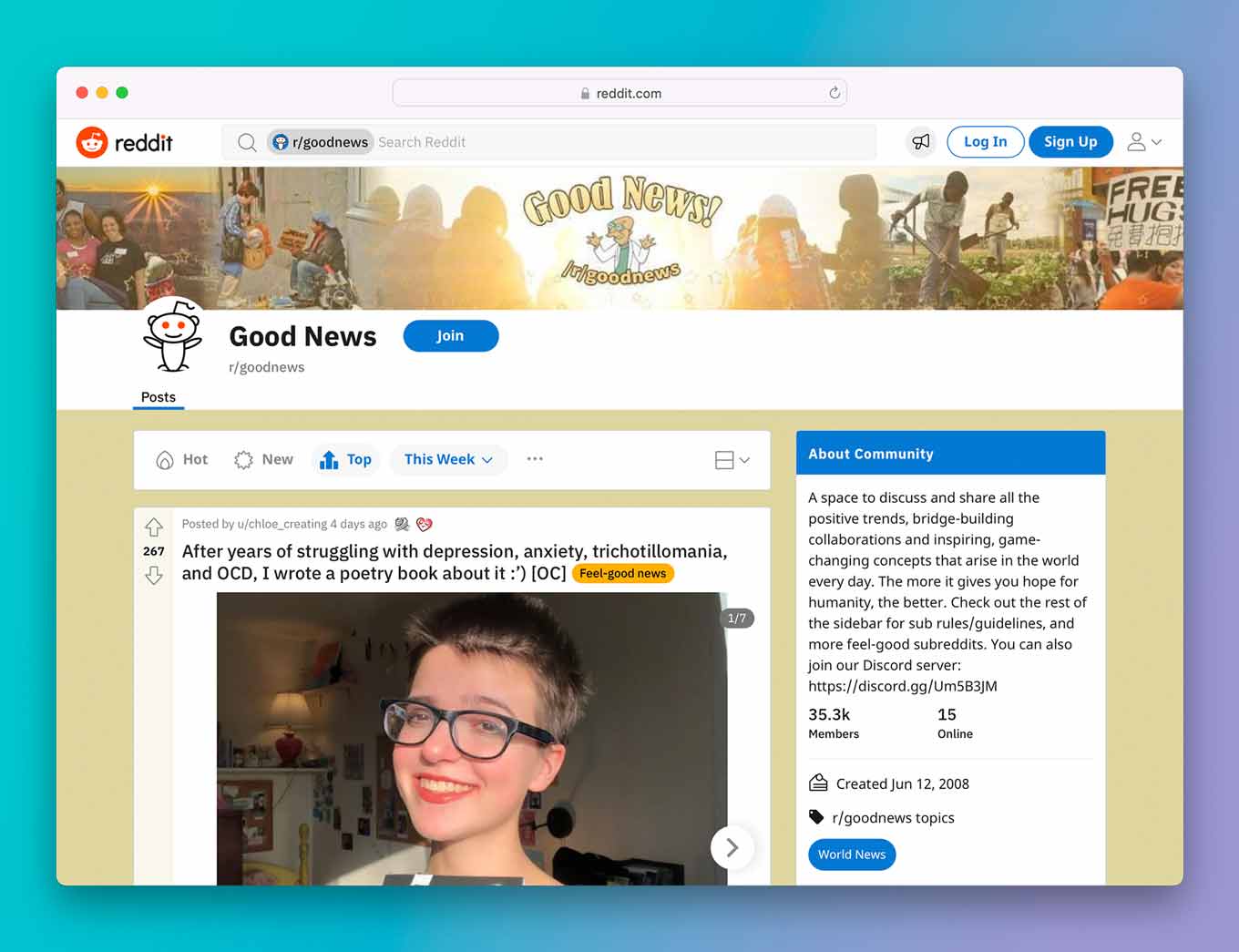 Goed Nieuws subreddit, met post over "Na jaren te hebben geworsteld met depressie, angst, trichotillomanie en OCS, schreef ik er een poëzieboek over." "feelgood nieuws"