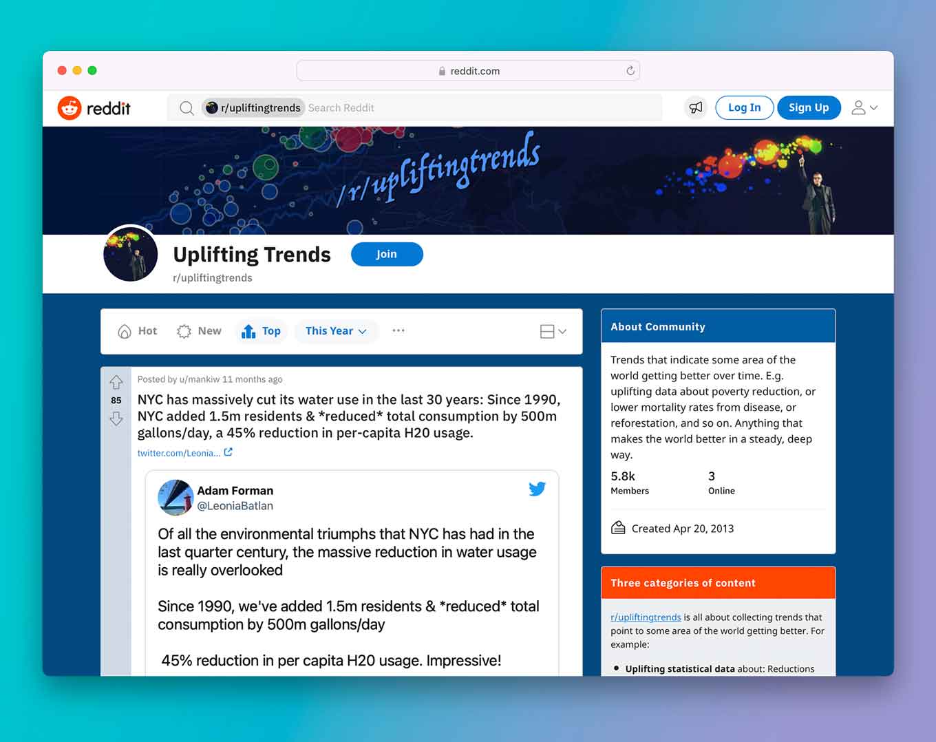 Opbeurende trends op Reddit, met de post: "NYC heeft zijn watergebruik in de afgelopen 30 jaar enorm verminderd: vanaf 1990 voegde NYC 1,5 miljoen inwoners toe en verminderde het totale verbruik met 500 miljoen gallons / dag, een vermindering van 45% in het H20-gebruik per hoofd van de bevolking."