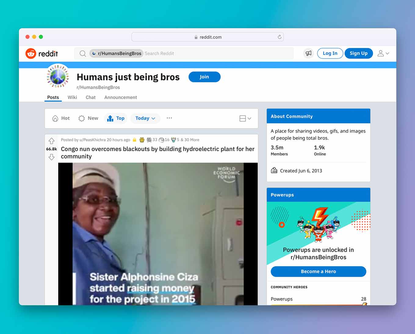 Humans Being Bros op Reddit, met de post "Congo-non overwint black-outs door waterkrachtcentrale te bouwen voor haar gemeenschap"