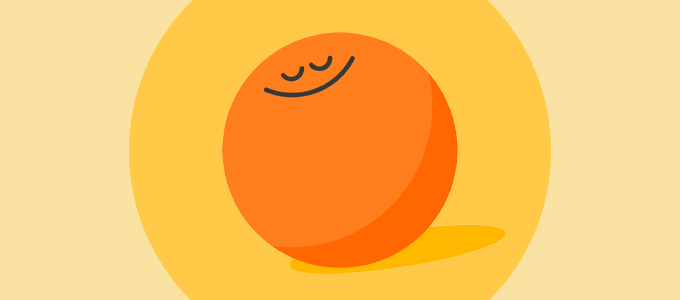 Een oranje cirkel met een smiley met gesloten ogen erop op een gele achtergrond.