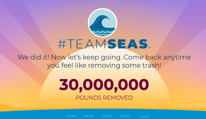 #TeamSeas (met Team Seas logo) "Het is ons gelukt! Laten we nu blijven doen. Kom terug wanneer je zin hebt om wat afval te verwijderen! 30.000.000 pond verwijderd"