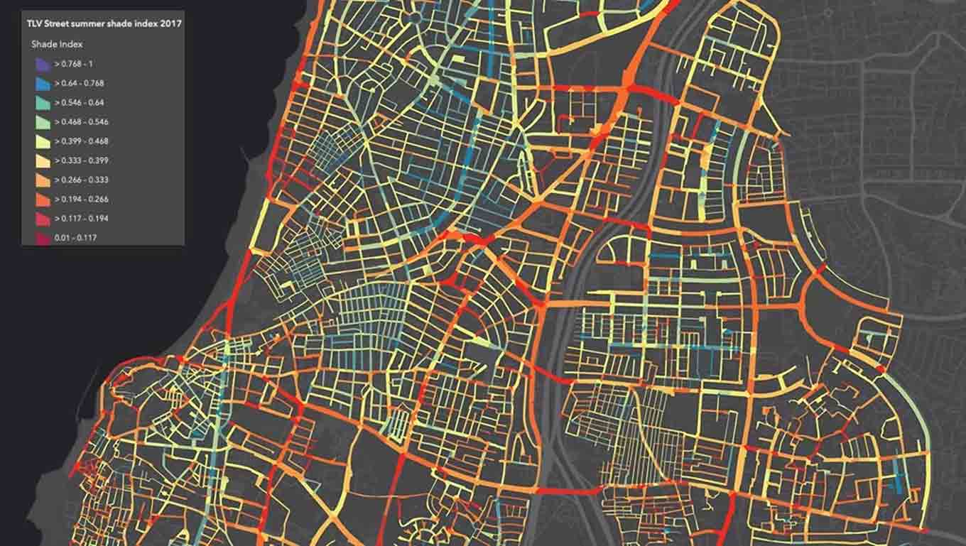 Een kaart met de beschikbaarheid van schaduw rond Tel Aviv