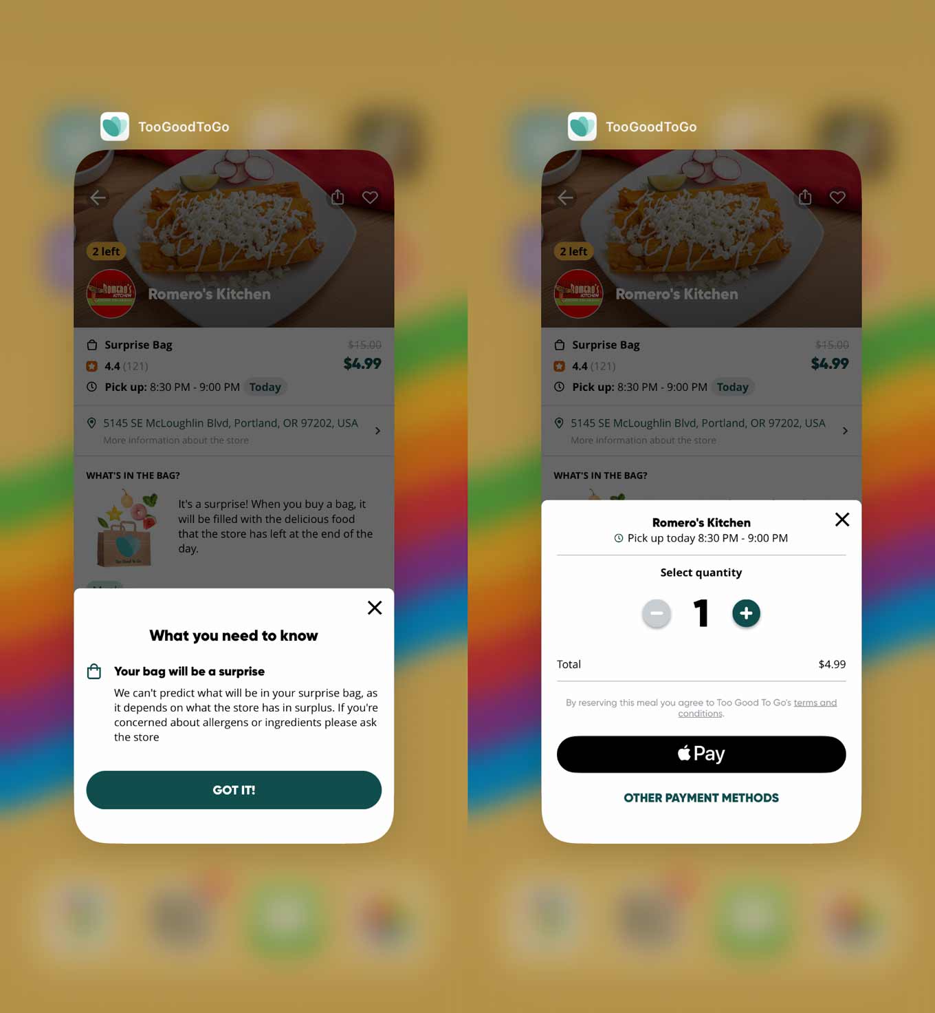 Screenshot van de iPhone-versie van de Too Good To Go-app met het afrekenproces voor het reserveren van een verrassingstas in een lokaal restaurant
