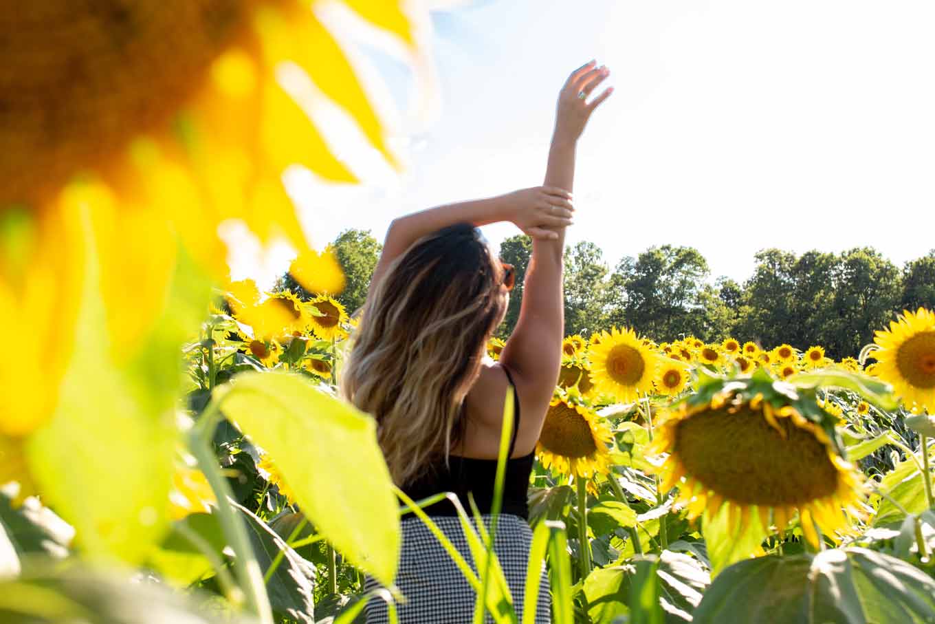 Een vrouw poseert terwijl ze omringd is door zonnebloemen