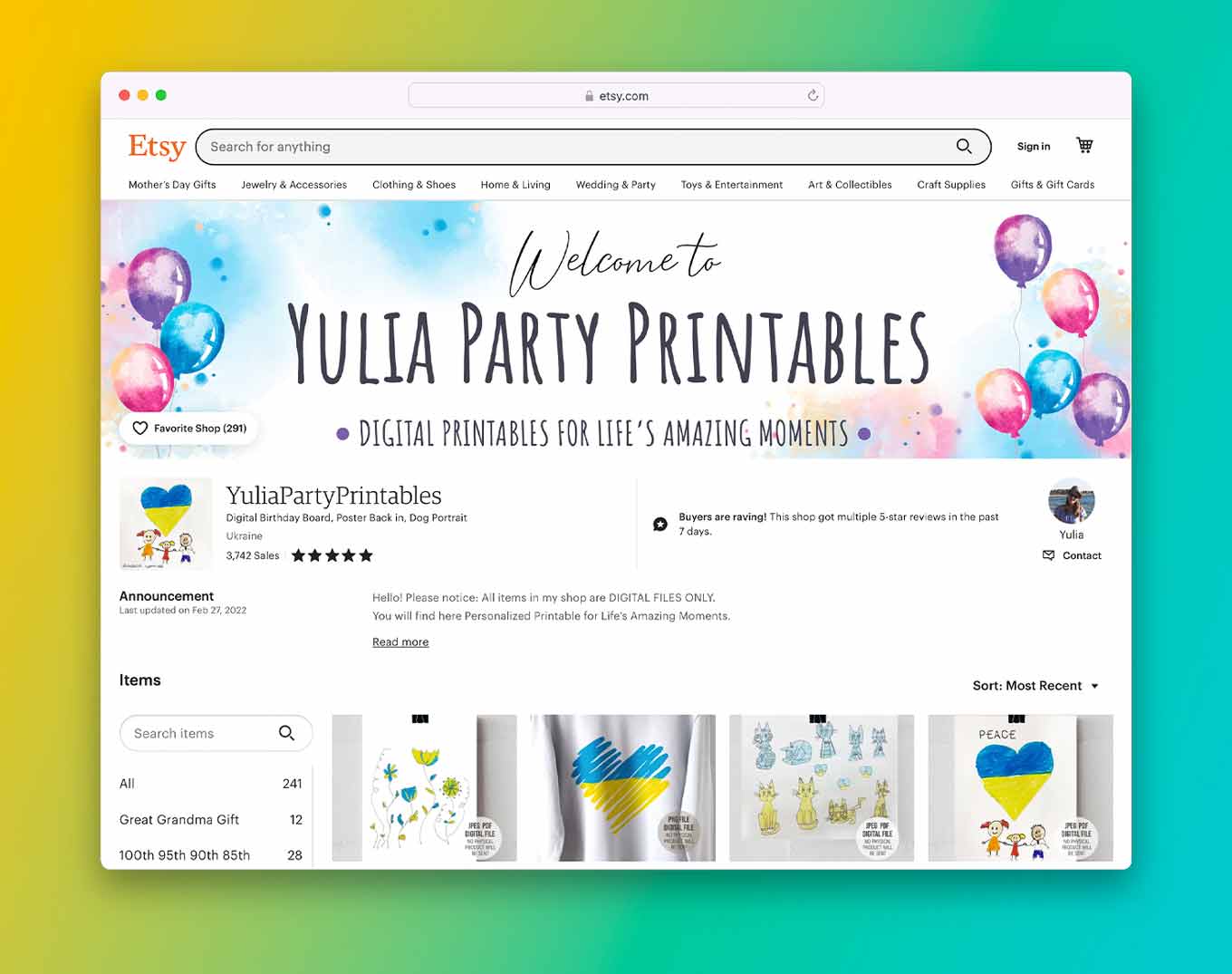 Etsy pagina met de tekst: Yulia's Party Printables, met Oekraïense vlag kunst 