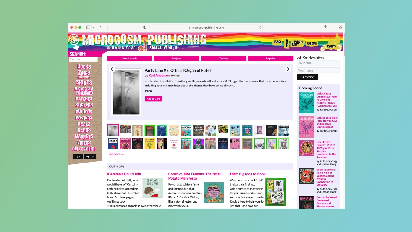 Een screenshot van de Microcosm Publishing website toont een aantal boek- en zineselecties
