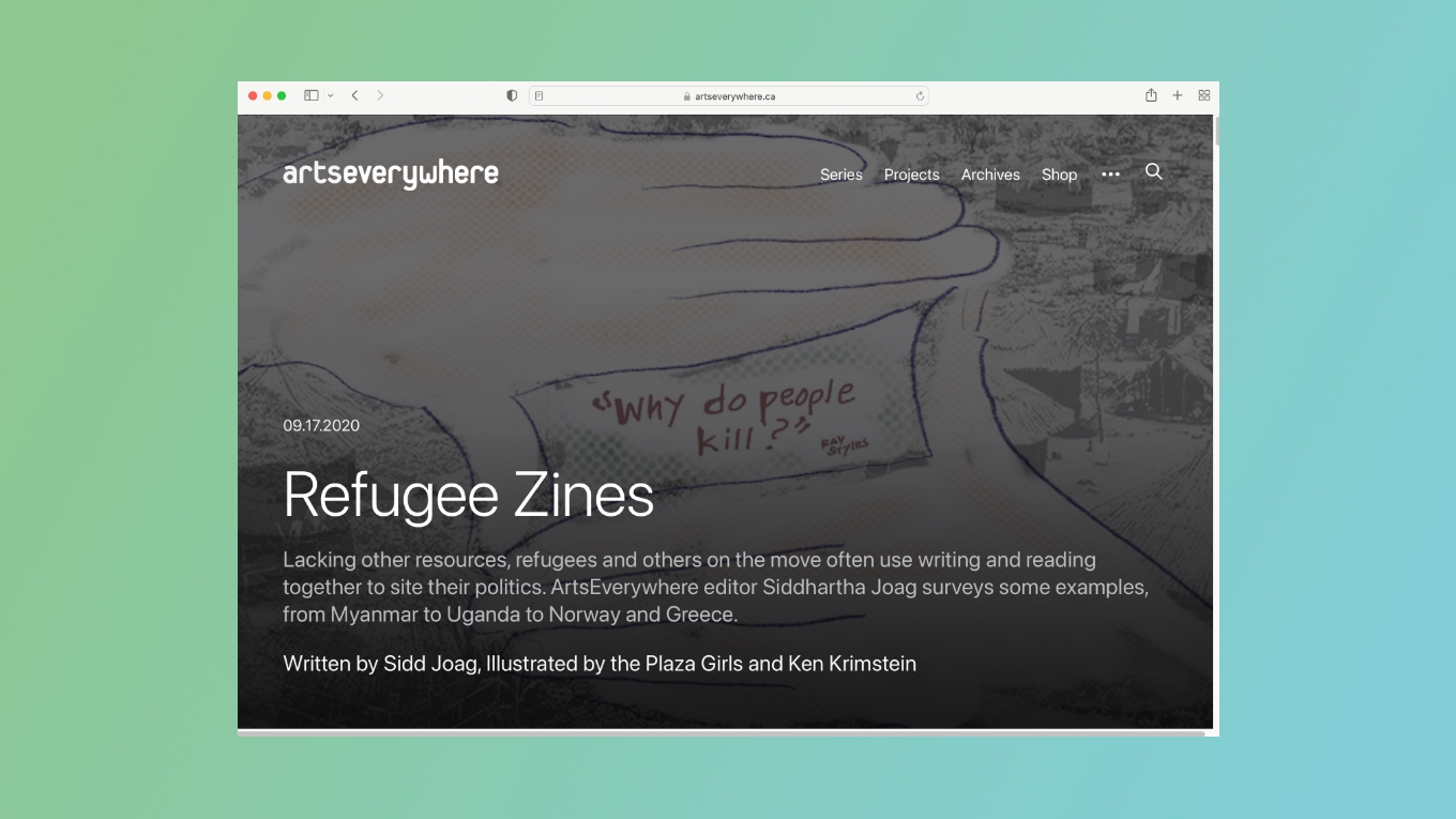 Een screenshot toont een pagina van Refugee Zines op de website van ArtsEverywhere.