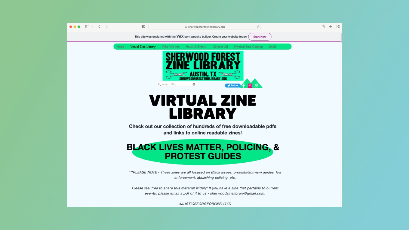 Een screenshot van de Sherwood Forest Zine Library toont een lijst met Black Lives Matter-zines om te lezen.