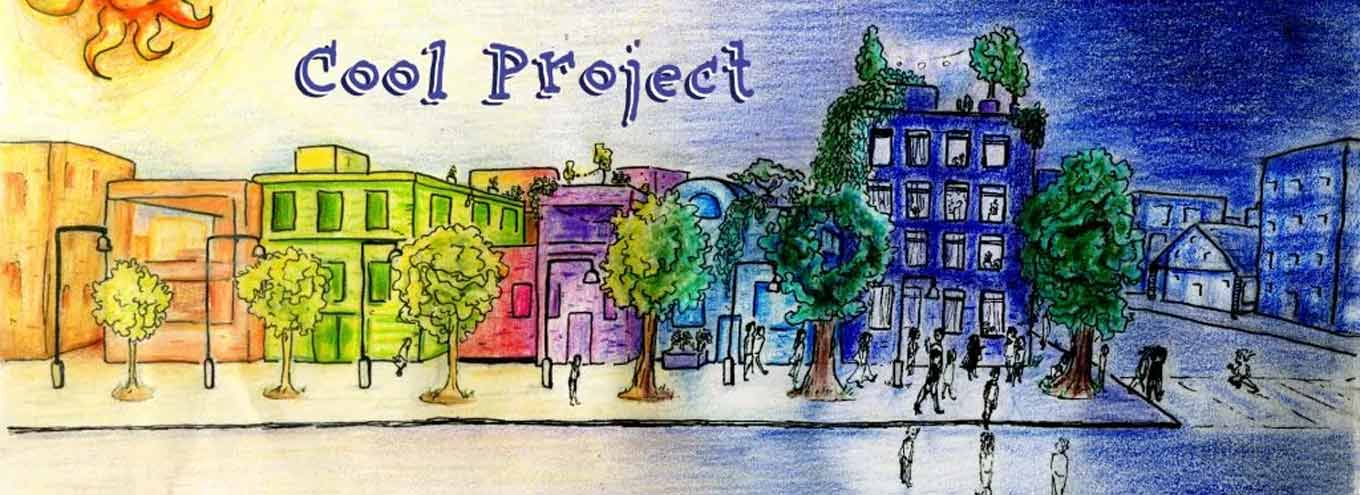 Een tekening van een stad en het logo van "Cool Project" 