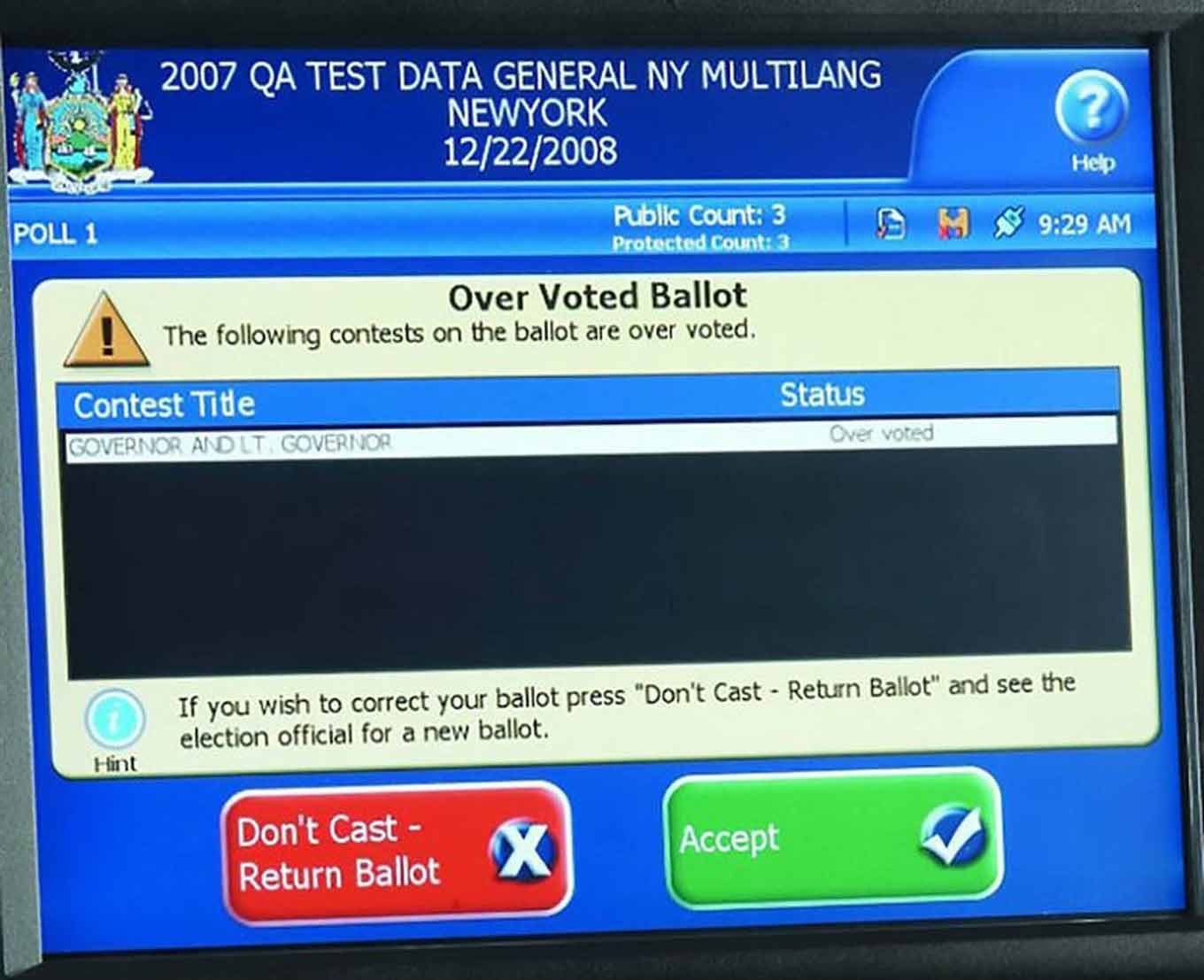 Het scherm voor de stemming in New York in 2008