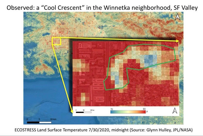 Kaart: Waargenomen: a "koele halve maan" in de wijk Winnetka, SF Valley - Ecostress landoppervlaktetemperatuur 30-7-2020, middernacht (bron: glynn hulley, JPL / NASA)
