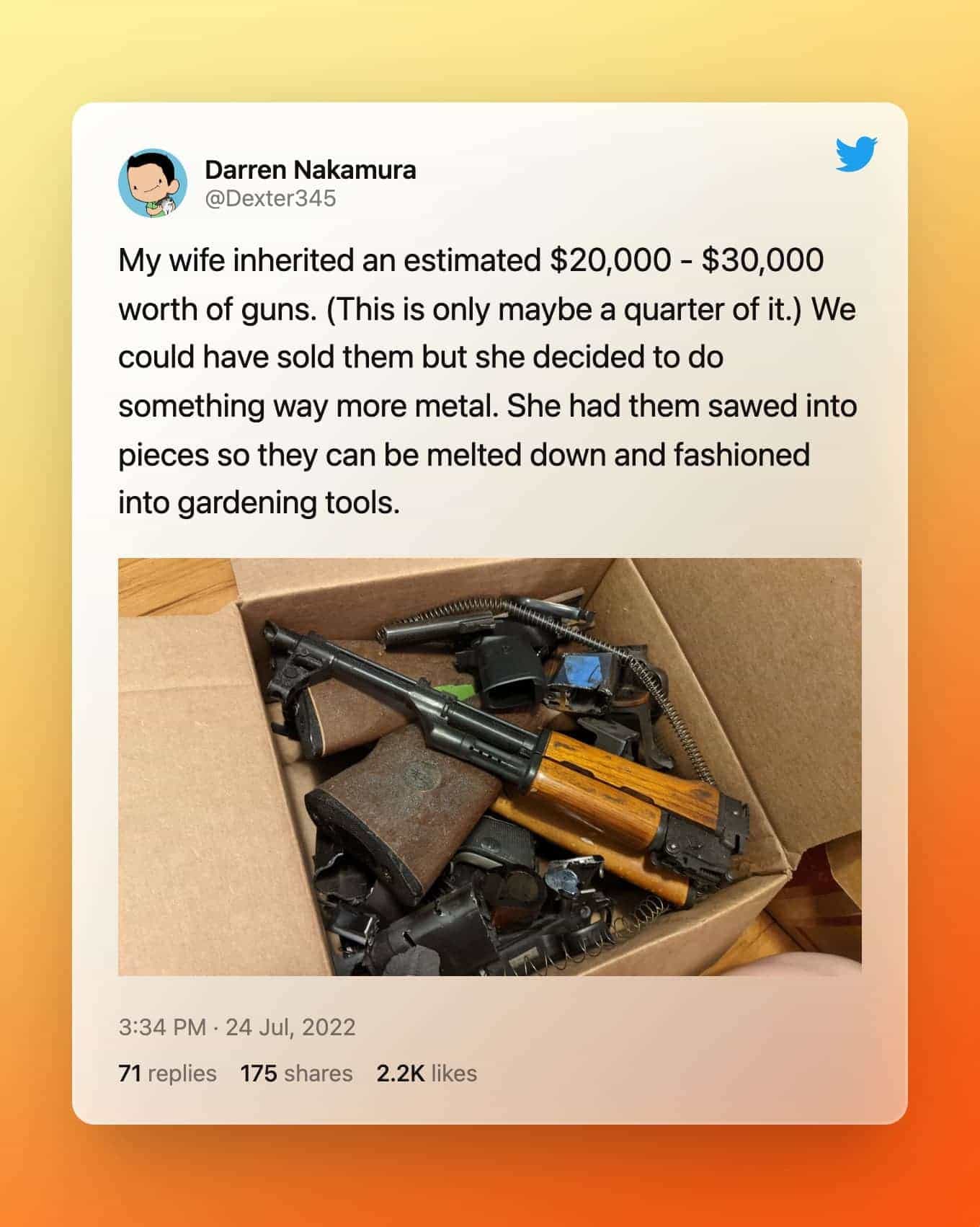 @Dexter345 op Twitter: mijn vrouw erfde naar schatting $ 20.000 - $ 30.000 aan wapens. (Dit is misschien maar een kwart ervan.) We hadden ze kunnen verkopen, maar ze besloot iets veel meer metaal te doen. Ze liet ze in stukken zagen, zodat ze kunnen worden omgesmolten en omgevormd tot tuingereedschap.
