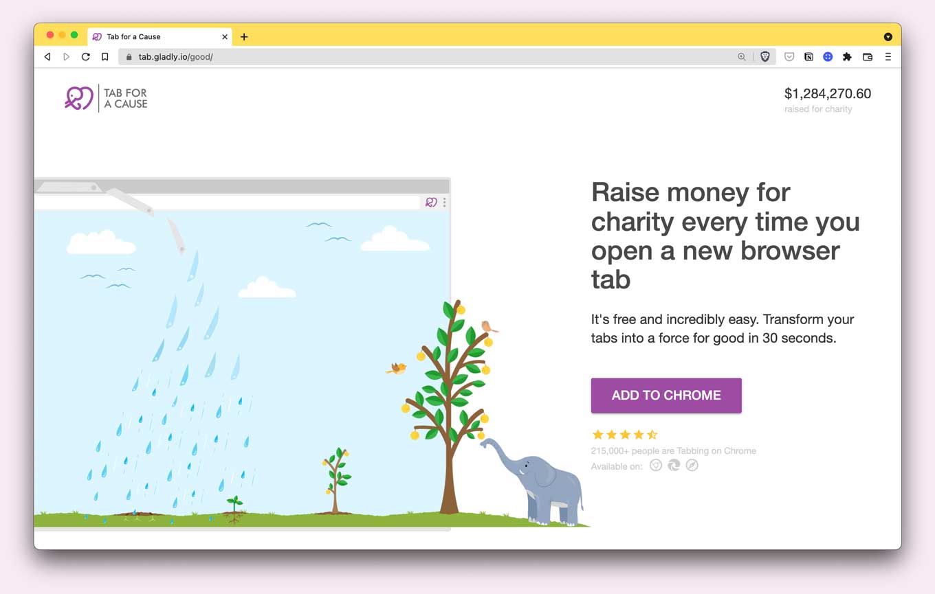 Tabblad voor een goed doel - Zamel geld in voor het goede doel telkens wanneer u een nieuw browsertabblad opent. | Het is gratis en ongelooflijk eenvoudig. Transformeer je tabbladen in 30 seconden in een kracht voorgoed. | Toevoegen aan Chrome