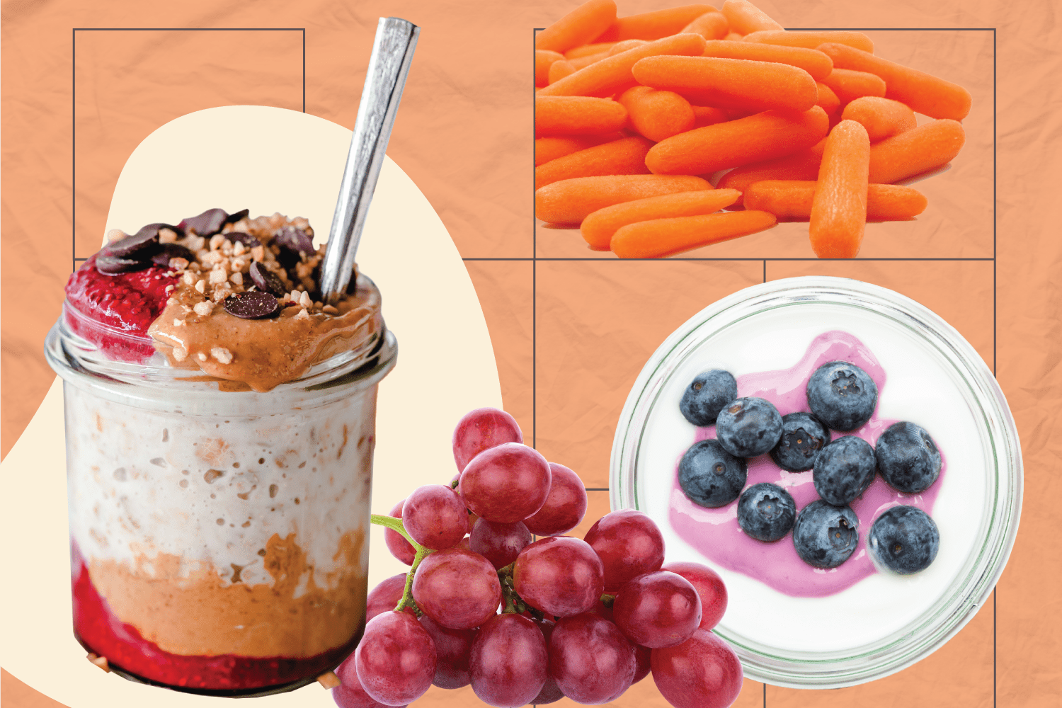 Maaltijdplan voor gewichtsverlies met yoghurt, overnight oats, wortels en druiven