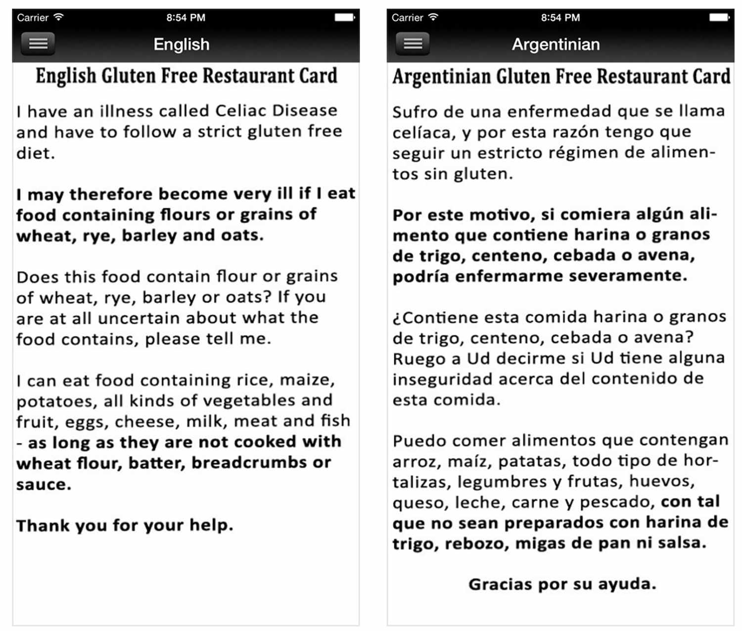 glutenvrije restaurantkaarten app